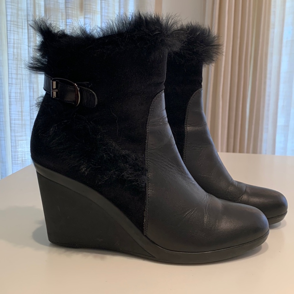 Aquatalia Leather/Suede, Fur Trimmed Wedge Booties